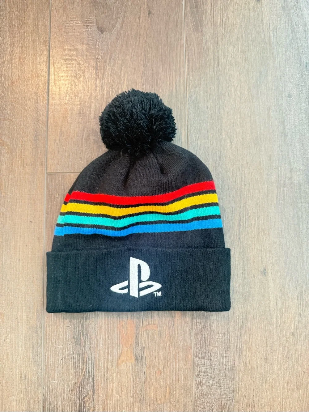PlayStation Pom Pom Beanie Hat - Black w/ Multicolor Stripe Logo